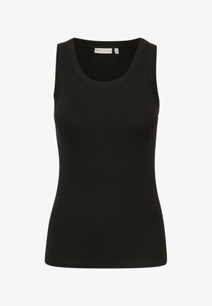 Débardeur noir côtelé avec un col rond et une coupe sans manches. Texture lisse, coupe ajustée, sans logos ni ornements visibles.