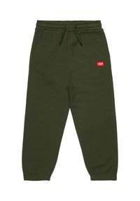 Pantaloni della tuta in cotone verde oliva con vita elastica, coulisse e tasche laterali; presenta un piccolo badge con logo rosso sul davanti.
