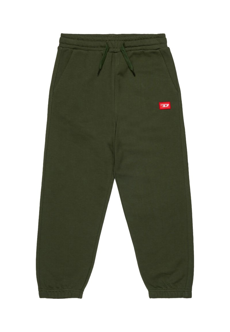 Pantaloni della tuta in cotone verde oliva con vita elastica, coulisse e tasche laterali; presenta un piccolo badge con logo rosso sul davanti.