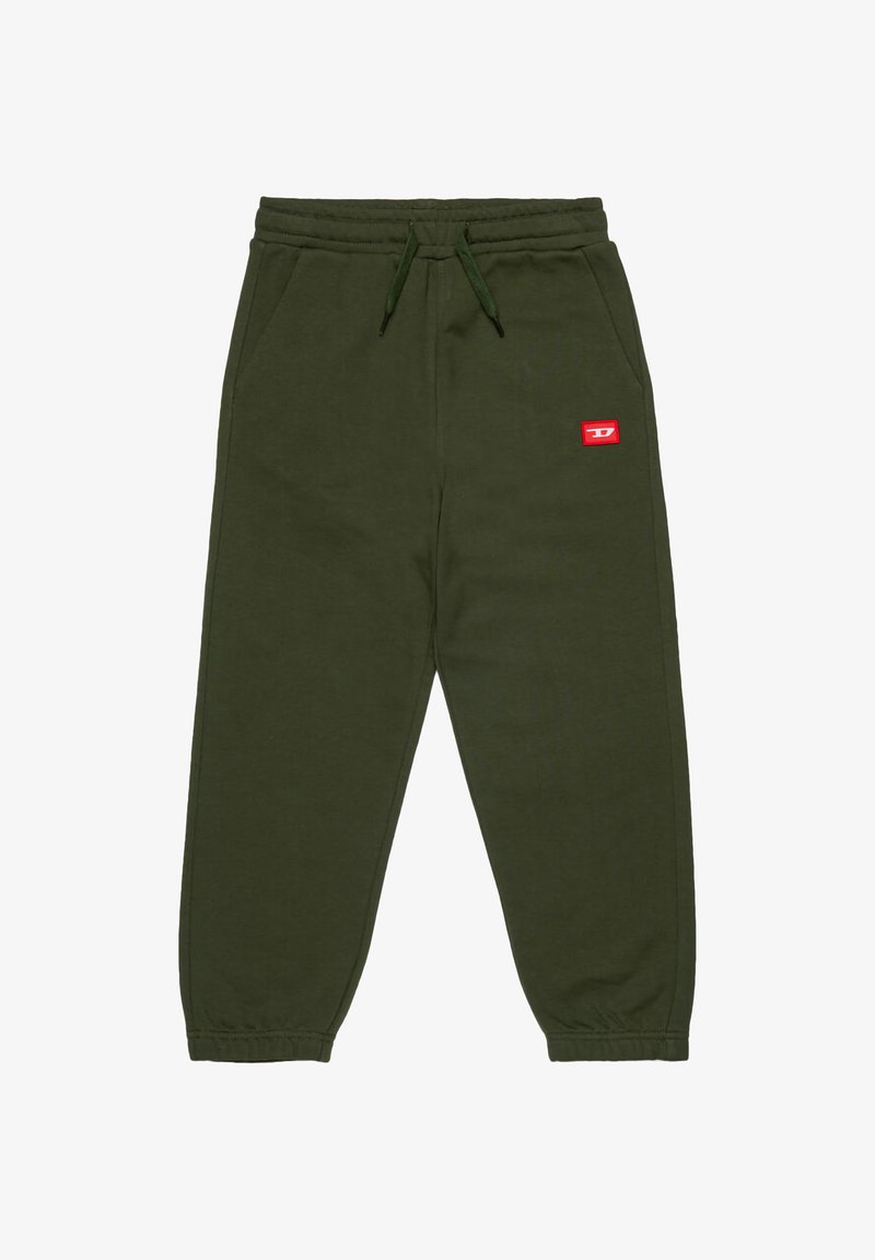 Pantaloni della tuta in cotone verde oliva con vita elastica, coulisse e tasche laterali; presenta un piccolo badge con logo rosso sul davanti.