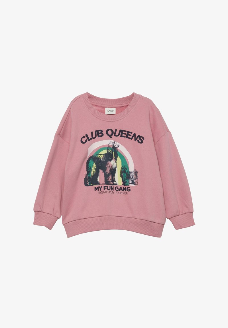 Sweatshirt rose pour enfants avec chiens, graphique arc-en-ciel et texte "CLUB QUEENS" et "MES AMIS DE LA BANDE AMUSANTE JOUENT ENSEMBLE" sur le devant.