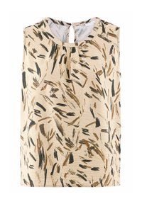 Bezramenný top vyrobený z lehkého materiálu, s abstraktním hnědým a černým malířským vzorem na béžovém pozadí. Otevření ve tvaru klíče vzadu.