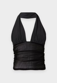 Black halter top with a deep V-neck, gathered texture at the waist, and smooth fabric. Features a halter neck strap and no visible fastenings.