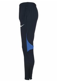 Nike Sporthosen in Marineblau mit hellblauen Mesh-Akzenten. Merkmale sind ein elastischer Bund, schlanke Passform und Reißverschlüsse an den Knöcheln für Belüftung.
