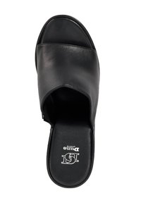 Black leather slide sandal with open toe and wide strap. Flat sole with logo on insoles. Smooth texture and simple, modern design.