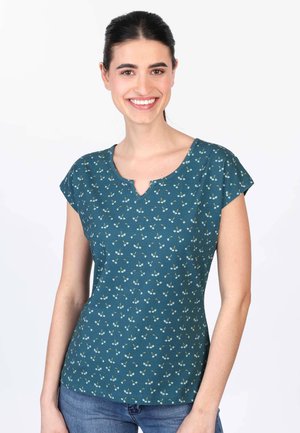 Türkises Oberteil mit Kapuzenärmeln, mit einem Schlüssel-Ausschnitt und kleinem Blumendruck in Hellblau und Grün. Weicher, strukturierter Stoff, figurbetonte Form.