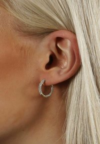 Silverfärgade hoopörhängen med texturerad yta och små inbäddade kristaller, med en halvmåneform och polerade detaljer.