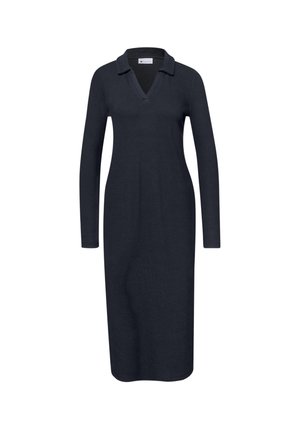 Robe en maille bleu marine foncé à manches longues, col en V avec col, longueur midi, silhouette ajustée.