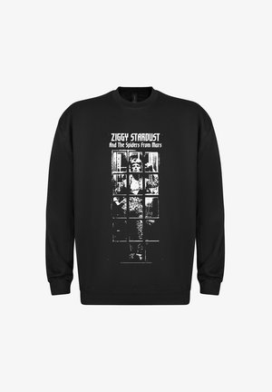 Schwarzer Sweatshirt mit einem weißen Grafikdruck, der eine Figur hinter Fensterscheiben darstellt, mit dem Text "Ziggy Stardust And The Spiders From Mars."