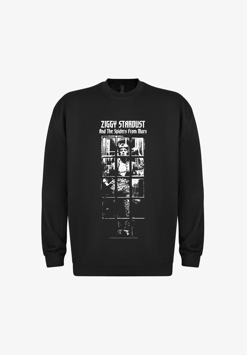 Czarna bluza z białym nadrukiem graficznym przedstawiającym postać za szybami, z napisem "Ziggy Stardust and the Spiders From Mars".