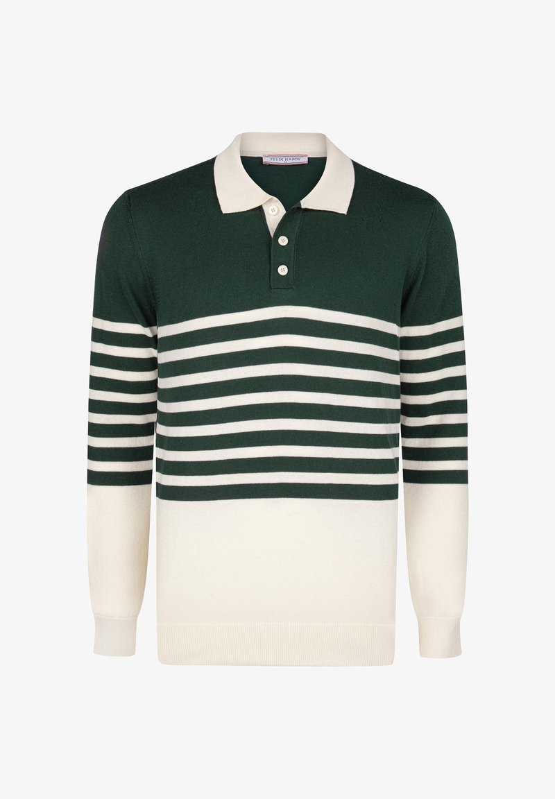 Roheline ja valge triibuline polo-sviiter klassikalise krae, kolme nööbi, pikkade varrukate ja tekstuurse kudumisega.