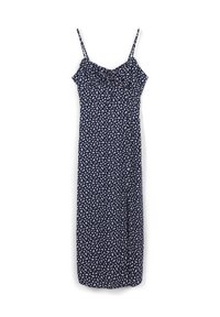 Robe midi bleu marine avec un motif floral blanc, fines bretelles et un petit nœud à l'avant au niveau du col.