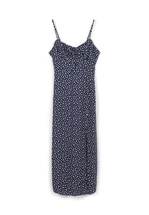 Marineblaues Midikleid mit weißem Blumenmuster, dünnen Trägern und einer kleinen Vorderbindeschleife am Ausschnitt.