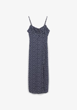 Abito midi blu navy con motivo floreale bianco, spalline sottili e un piccolo nodo frontale sullo scollo.