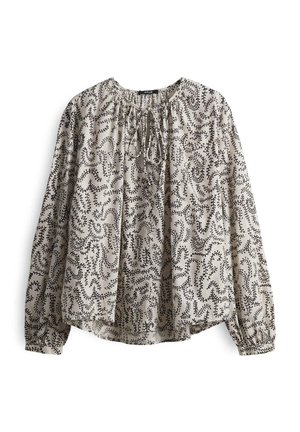 Lange mouw blouse in lichtbeige met zwart abstract patroon. Kenmerkt zich door een geplooide halslijn en losse pasvorm, gemaakt van lichtgewicht stof.
