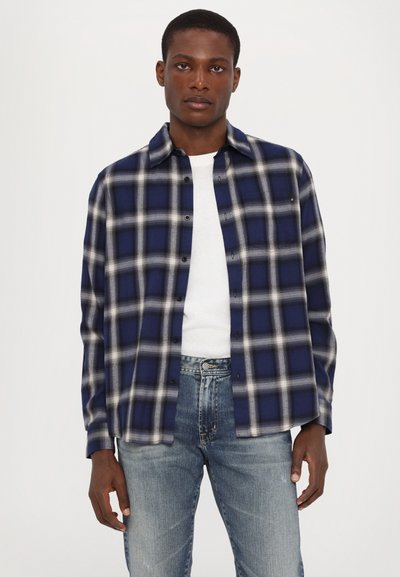 Tumesinine flanellpluus valge ja helesinise ruudulise mustriga, vajutatud, pika varrukaga ja sirge servaga. Kantud valge T-särgi peal.