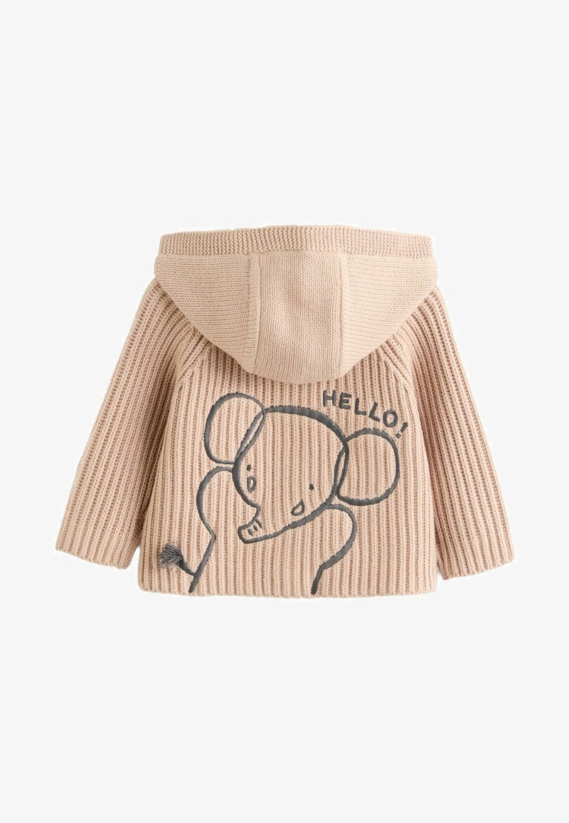 Beżowa, prążkowana bluza z kapturem o fakturowanym wykończeniu, z haftowanym wzorem słonia i napisem „CZEŚĆ!” na plecach.