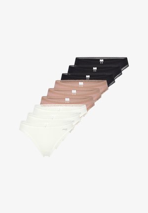 Set di otto slip da donna in bianco, nudo e nero. Tessuto morbido con bordatura in pizzo lungo la vita e etichetta sul lato frontale.