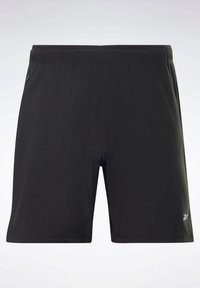 Svarta shorts i lättviktsmaterial, med elastisk midja, slät textur och en diskret logotyp på den nedre högra sidan.