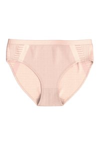 Ljusrosa hipsterunderkläder med en strukturerad textil, ribbade sidor och en slät midjeband. Inga synliga mönster eller detaljer.