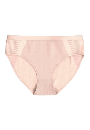 Ljusrosa hipsterunderkläder med en strukturerad textil, ribbade sidor och en slät midjeband. Inga synliga mönster eller detaljer.