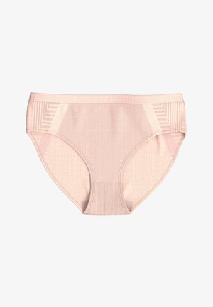 Světlé růžové hipsterské kalhotky s texturovanou tkaninou, žebrovanými boky a hladkým pasem. Bez viditelných vzorů nebo akcentů.