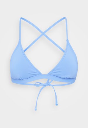 Light blue triangle bikini top with adjustable crossed straps and a tie-back. Smooth fabric with a simple design, no patterns or embellishments.