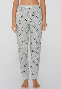 Grijze katoenen loungebroek met een all-over panda- en sterrenprint, voorzien van een elastische tailleband met trekkoord en manchetzoom.