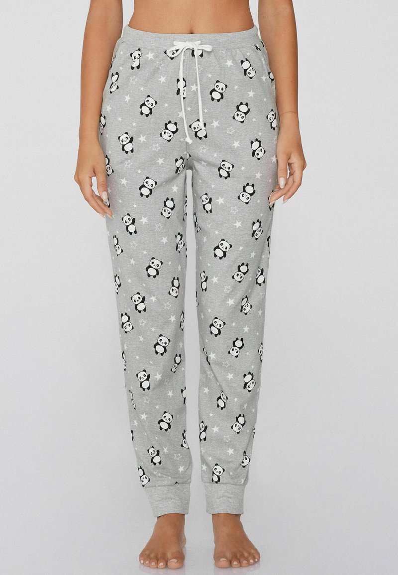 Grijze katoenen loungebroek met een all-over panda- en sterrenprint, voorzien van een elastische tailleband met trekkoord en manchetzoom.