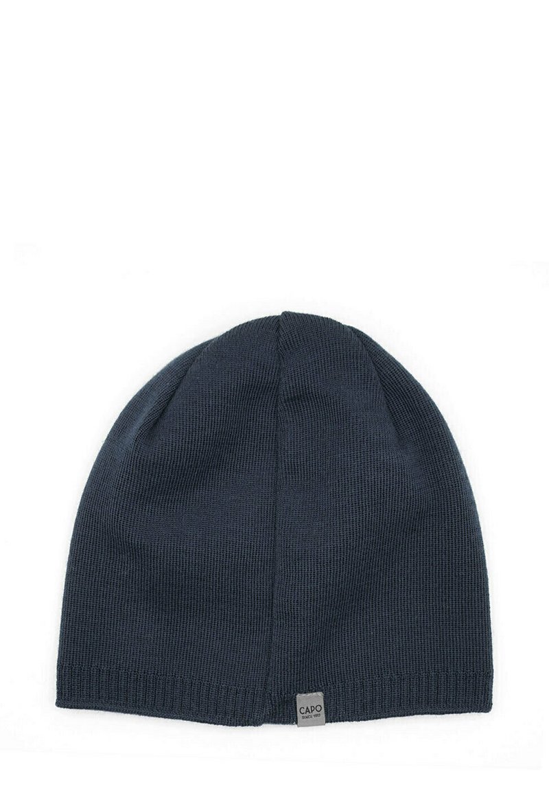 Dark navy knitted beanie hat with a ribbed texture, featuring a small "CAPO" tag on the front bottom edge. Simple, snug fit design.