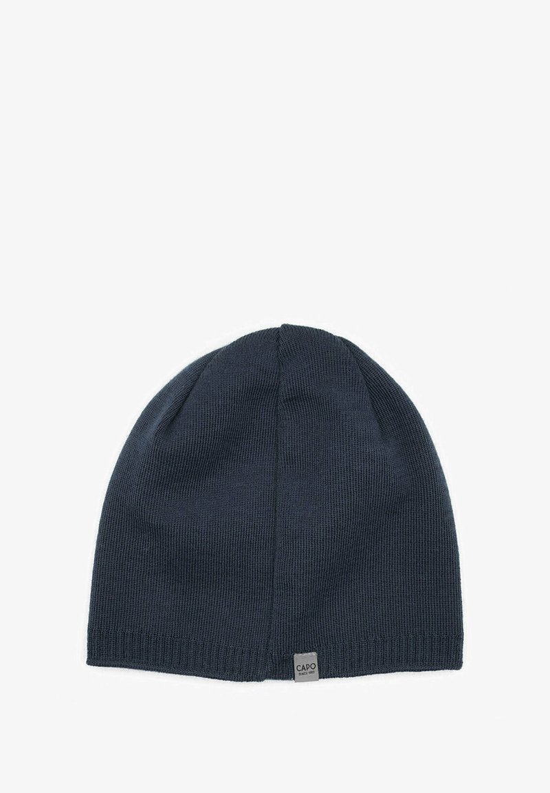 Dark navy knitted beanie hat with a ribbed texture, featuring a small "CAPO" tag on the front bottom edge. Simple, snug fit design.