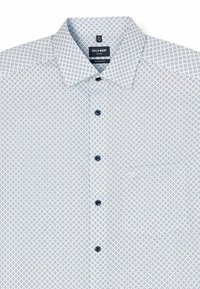 Light blue patterned shirt with a modern fit, featuring a button-down collar, dark buttons, and a repeating geometric design.