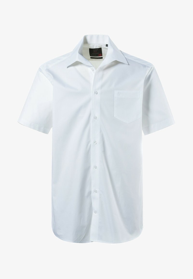 Weißes Kurzarm-Hemd aus Baumwolle mit Knopfleiste. Verfügt über einen spitzen Kragen, eine Fronttasche und sechs Knöpfe. Glatte Textur.