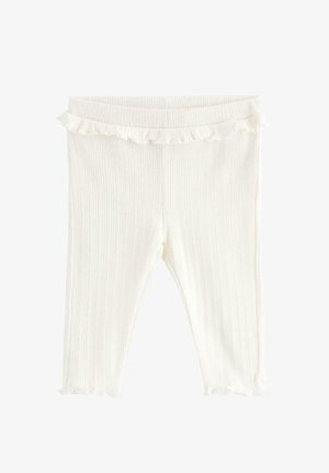 Hvide ribstrikkede babyleggings med elastisk talje og flæsekant ved talje og ankler.