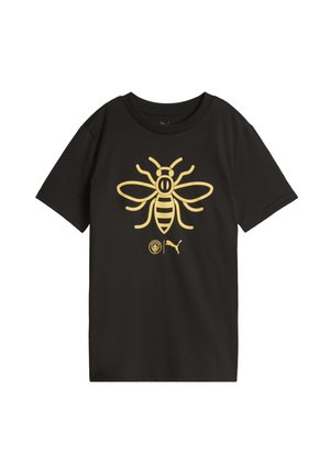 Sort T-shirt med korte ærmer og stort guld bi-grafik foran, med små guldlogoer under bien.