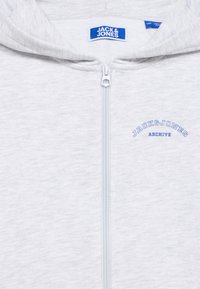 Casaco com capuz cinza claro com fecho de correr, feito de tecido macio, com um pequeno logótipo azul "JACK & JONES ARCHIVE" no peito. Apresenta um capuz com cordão ajustável.