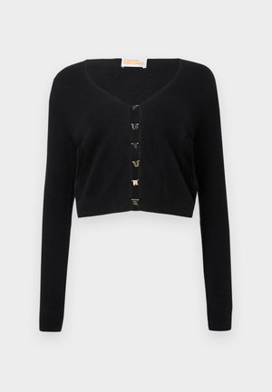 Black cropped cardigan made of soft fabric featuring a V-neck, long sleeves, and gold-tone button details down the front.