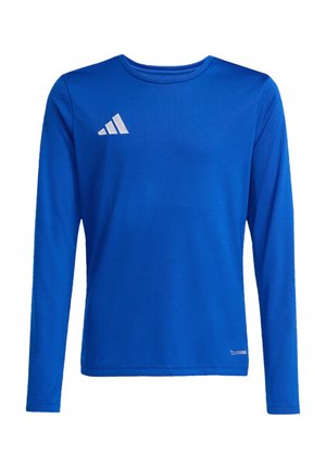 Camiseta deportiva azul de manga larga con cuello redondo, logo blanco de Adidas en el pecho izquierdo y pequeño texto "Climacool" cerca del dobladillo inferior.