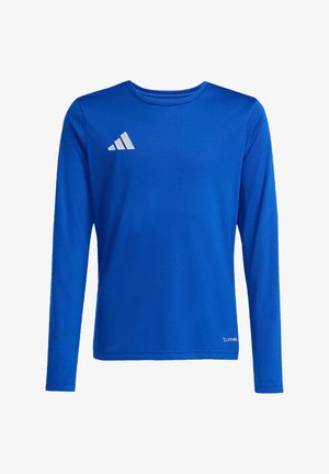 Camiseta deportiva azul de manga larga con cuello redondo, logo blanco de Adidas en el pecho izquierdo y pequeño texto "Climacool" cerca del dobladillo inferior.