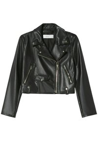 Czarna skórzana kurtka typu cropped z metalowymi elementami, z klapowym kołnierzem, asymetrycznym zapięciem na zamek oraz wieloma kieszeniami na zamek. Gładka faktura.