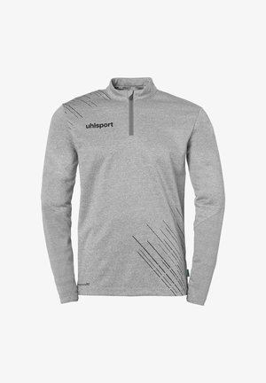 Grauer Langarmpullover mit einem Viertel-Reißverschluss, der schwarze diagonale Linien und das "uhlsport"-Logo auf der linken Brust und dem Ärmel trägt.