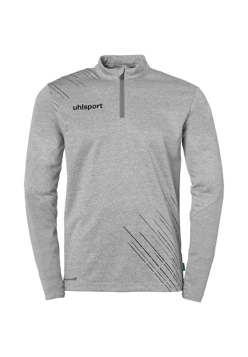 Grijze langwerpige pullover met lange mouwen en een kwart-rits, met zwarte diagonale lijnen en het "uhlsport" logo op de linkerkant van de borst en mouw.
