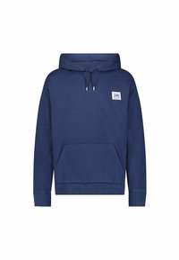 Sudadera con capucha azul marino hecha de una mezcla de algodón, con un bolsillo frontal y puños acanalados. Diseño ligero con parche de logo en el pecho.