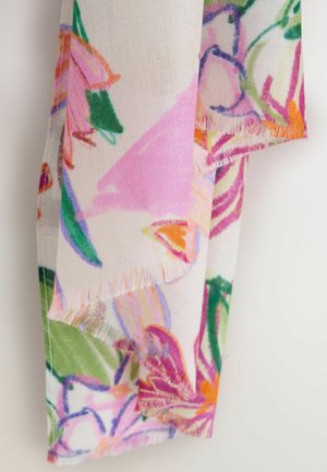 Viegls auduma šalle ar ziedu rakstu rozā, zaļās un oranžās krāsās, ar saplēstām malām un caurspīdīgu tekstūru.