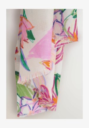 Viegls auduma šalle ar ziedu rakstu rozā, zaļās un oranžās krāsās, ar saplēstām malām un caurspīdīgu tekstūru.