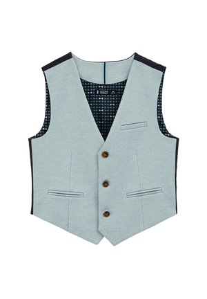 Jasnoszara, dopasowana kamizelka z trzema brązowymi guzikami, trzema przednimi kieszeniami oraz wzorzystą ciemną podszewką.