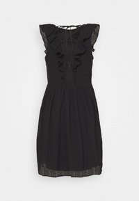 Svart klänning med volangkrage och korta ärmar, med snörning på baksidan och strukturerad tyg, utsvängd kjol, knälång design.