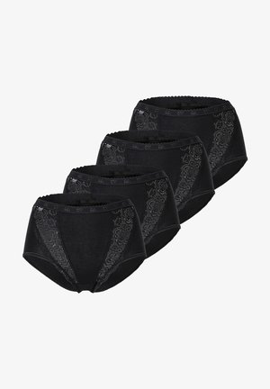 Černé bavlněné vysoké kalhotky s krajkovými květinovými detaily na bocích. Čtyři páry vystaveny s elastickým páskem a lemem.
