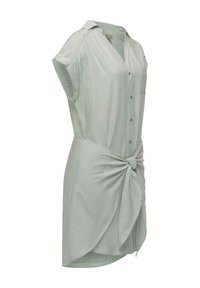 Rochie din bumbac de culoare verde deschis, cu mâneci scurte, cu dungi verticale albe, nasturi pe față și detaliu legat la talie pentru un plus de formă.