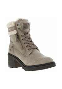 Bottine beige avec dessus texturé, col en fausse fourrure, fermeture lacée à l'avant et fermeture éclair sur le côté. Dotée d'un talon épais et d'une semelle en caoutchouc pour une meilleure adhérence.
